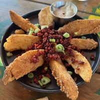 The Papas. I don’t remember the exact name! But we asked them to remove the sausage and bacon and use the soy rizo instead. No mayo (although it did show up on the side). So good at La Zurda Beer Co in San Carlos