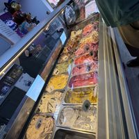 The 11 flavours in the front row are all vegan  at Den Italienske Isbutik in Middelfart