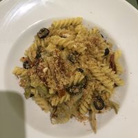 Fusilli pasta & capers, sundried tomatoes, artichokes,  at Cibo in Aosta