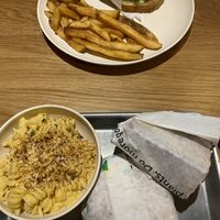 Burger and sandwich with Mac and cheese side  at Veggie Grill by Next Level - Downtown in Seattle