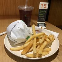 House Veggie Burger + Fries + Ice Black Tea at Veggie Grill by Next Level - Downtown in Seattle