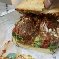 The insides of the meatball sub on ciabatta  at Next Level Veggie Grill - Downtown in Seattle