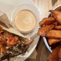 Teriyaki mini wrap, sweet potato fries and chipotle mayo  at Veggie Grill by Next Level - Downtown in Seattle