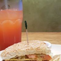 VG Beyond Burger, with french fries and strawberrie limonade at Next Level Veggie Grill - Downtown in Seattle