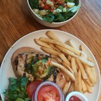 grillin chicken sandwich + small side salad at Next Level Veggie Grill - Downtown in Seattle