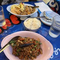 Phad Thai, jasmine rice and mince and Thai basil with veggies😄 at muan in South West London