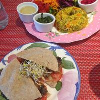 Portobello sandwich and kitchari  at Raw Cafe in Lima