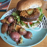 Mouthwatering spicy Mushroom Buffalo Burger  at Raw Cafe in Lima