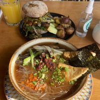 Miso ramen & tempeh burger  at Raw Cafe in Lima