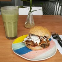 Smoothie Verde royal and Mushroom burger! at Raw Cafe in Lima