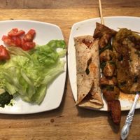 Salad, taco with beans, vegan brochette with ceitan and a ceitan beef. Super tasty at El Vegetariano in Quito