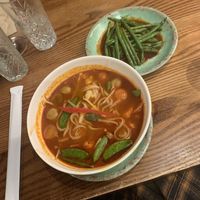 Tom yum noodle soup and chilli & garlic green beans (vegan & gluten-free) #Veganuary at Rosa's Thai in Edinburgh