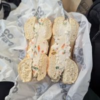 Sesame bagel (toasted) with tofu veggie cream cheese! at Bagels and Co. in Philadelphia