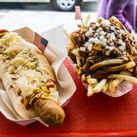 Big old Weiner and Disco Fries  at Massive Wieners in Prahran