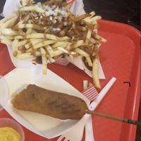 Corn dog and load fries at Massive Wieners in Prahran
