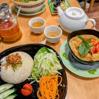 Sticky rice with tofu curry and bun hue vegan special (soup) at Viet Alley in South East London