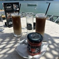 Iced lattes with oat milk and strawberry sorbet  at Roast.er.y in Ohrid
