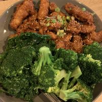 Orange chicken, side of broccoli, side of kale at My Vegan Gold in Los Angeles