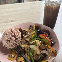 pumpkin eggplant tofu and coffee  at My Vegan Gold in Los Angeles