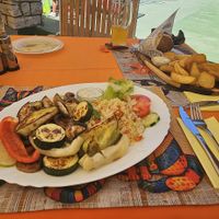 Vegan grill meza (grilled veggies, crispers, rice, sauce) at Bambo in Pula