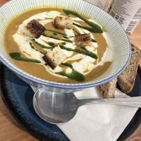 Sweet Potato soup with vegan cream on top  at Púca in Dingle