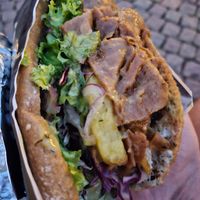 'Pom-Kebab' with vegan meat, veggies & fries in wholegrain bread (specify vegan for sauce) at CRUNCHY KEBAB in Fulda