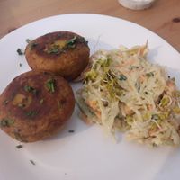 Potato cutlets and surówka at Avocado Vegan Bistro in Gdansk