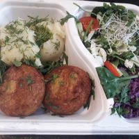 Oat cutlets with mashed potato and salad at Avocado Vegan Bistro in Gdansk