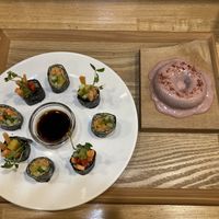 Vegan sushi and strawberry donut at Natural Food Dining LOHAS in Sapporo