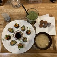 Vegan sushi, green smoothie, miso soup and chocolate truffles  at Natural Food Dining LOHAS in Sapporo