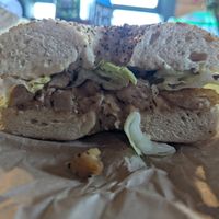 Chicken Run on an everything bagel at Friendly Foodees in Alpena