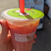 Milky strawberry with coconut milk and strawberry popping boba at Milky-Cha in Astoria