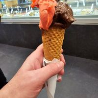 Dark chocolate gelato and strawberry sorbet at Festival del Gelato in Florence