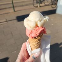 Pear and strawberry sorbet on a waffle cone at Kugel Eismanufaktur in Dusseldorf