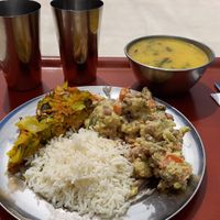 Daily menu with soup, rice, curry and vegetables pie at O Oriente no Porto in Porto
