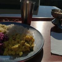 tofu, cabbage salad, fried eggplant and rice, with tea and mango dessert at O Oriente no Porto in Porto