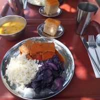 Seitan, soup, and orange cake at O Oriente no Porto in Porto