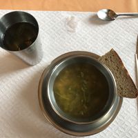 Lentil soup, tea, and bread made up the first course. The soup needed more flavor.  at O Oriente no Porto in Porto