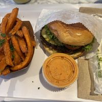 Classic Burger with sweet potato fries.   at chloe in New York City