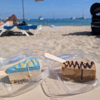 Lemon and ginger cheesecake (left), "Snickers" mousse cake at Santa Vegana in Ibiza