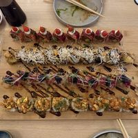 Spicy sundried tomato tuna, Snow hiratake mushroom tempura, mistletoe miso tempura black cod, konnyaku salmon tartare   at Ima in London