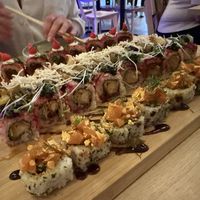 Spicy sundried tomato tuna, Snow hiratake mushroom tempura, mistletoe miso tempura black cod, konnyaku salmon tartare   at Ima in London