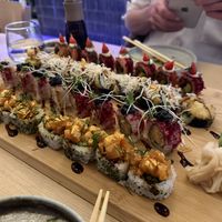 Spicy sundried tomato tuna, Snow hiratake mushroom tempura, mistletoe miso tempura black cod, konnyaku salmon tartare   at Ima in London