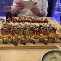Spicy sundried tomato tuna, Snow hiratake mushroom tempura, mistletoe miso tempura black cod, konnyaku salmon tartare   at Ima in London