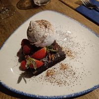 Vegan brownie with vegan vanilla ice cream at The Horse and Jockey in Whitchurch
