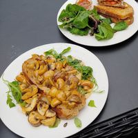 Creamy marmite mushrooms (left) and a vegan cheese and tomato toastie with chutney. at Old School Cafe in Bury St Edmunds