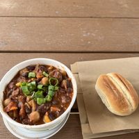 Vegan Chili and roll  at Zephyr Cafe in Squamish