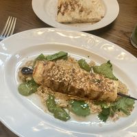 Tofu skewer with aubergine, mint yogurt, and flat bread  at Jamie Oliver Catherine St in London