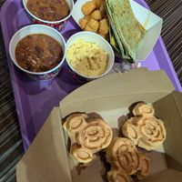 Waffles, beans, "egg", quesadilla, tots at Walt Disney World - Intermission Food Court in Lake Buena Vista