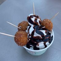 Soft serve with chocolate sauce and fritule   at Jaya in Tucepi
